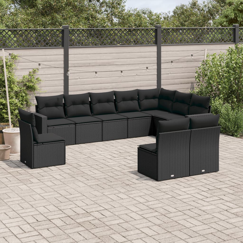 10 pcs conjunto sofás de jardim c/ almofadões vime PE preto