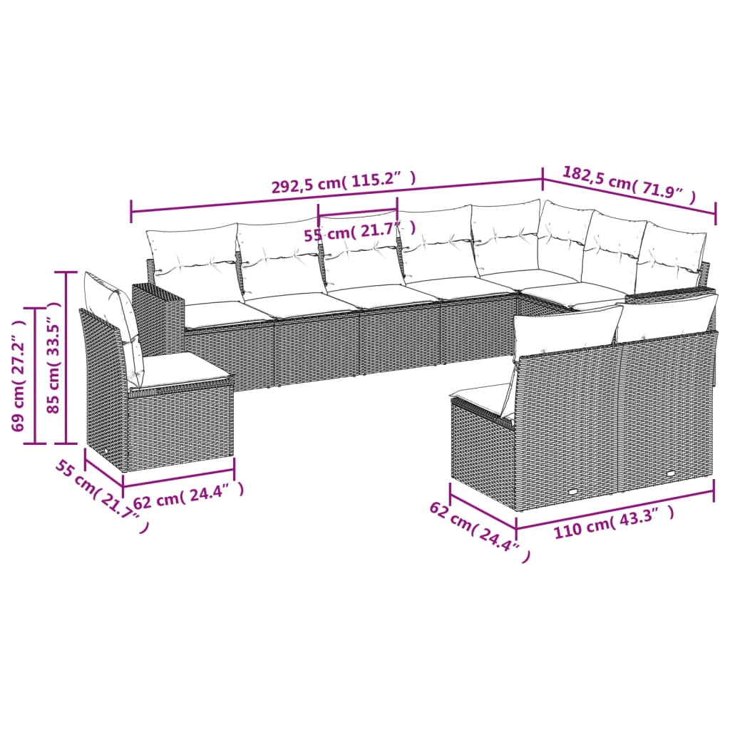 10 pcs conjunto de sofás p/ jardim com almofadões vime PE bege