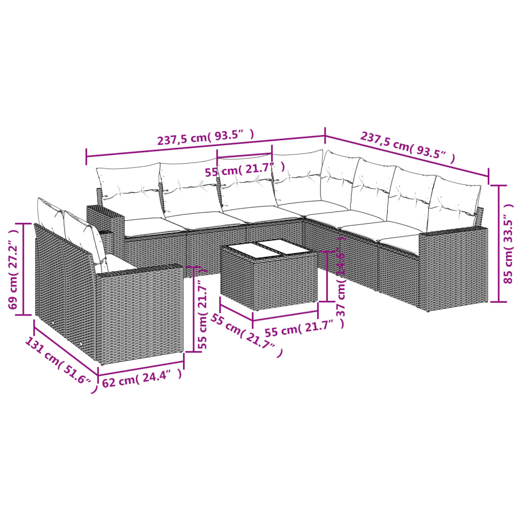 10 pcs conjunto de sofás p/ jardim com almofadões vime PE bege