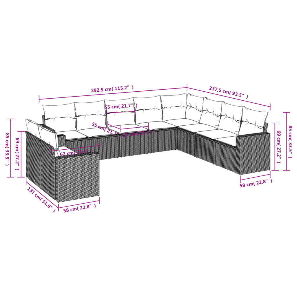 10 pcs conjunto de sofás p/ jardim com almofadões vime PE bege