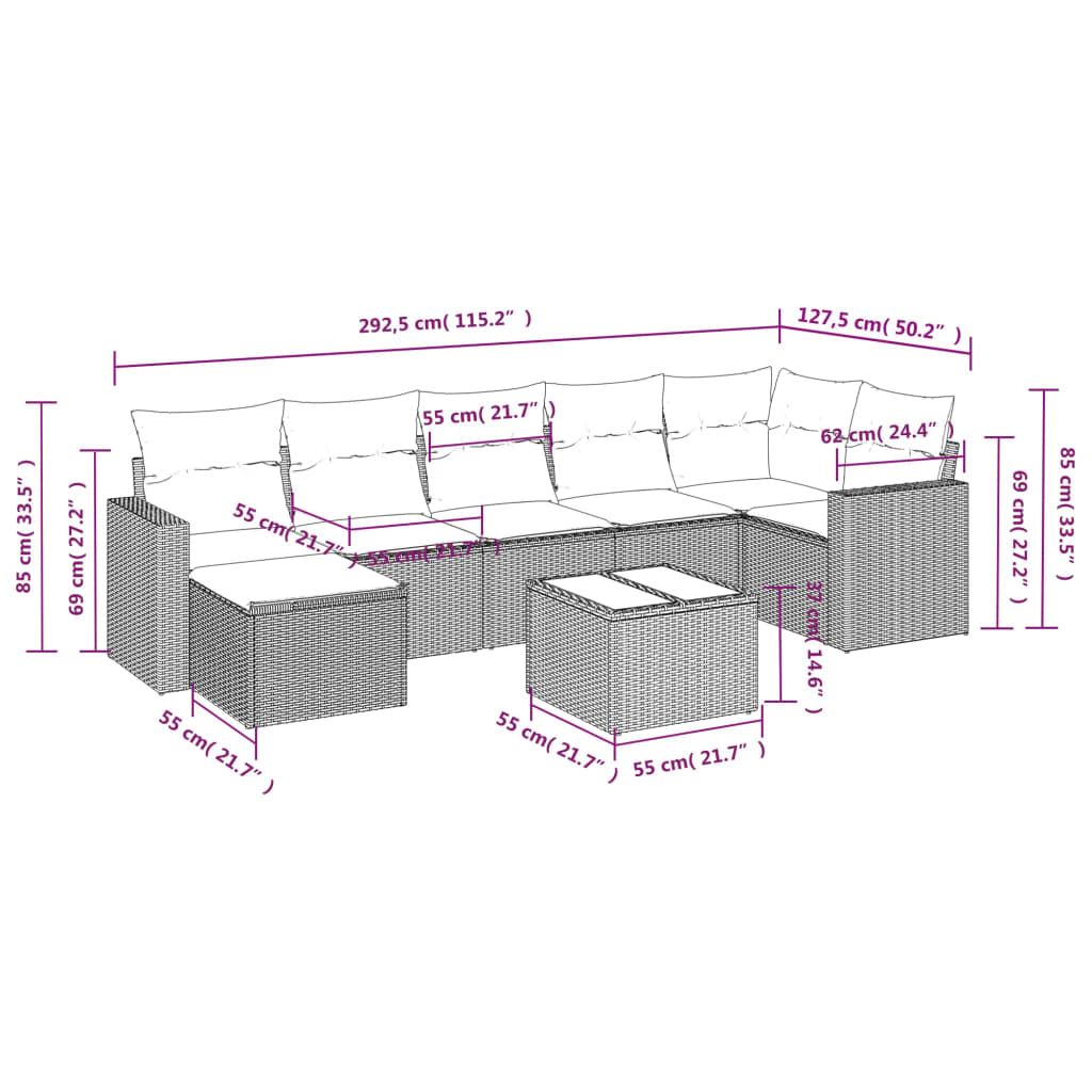 8 pcs conjunto sofás de jardim c/ almofadões vime PE castanho