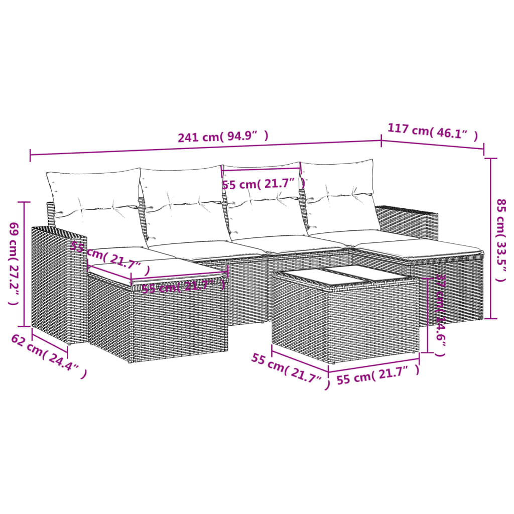 7 pcs conjunto de sofás p/ jardim com almofadões vime PE bege