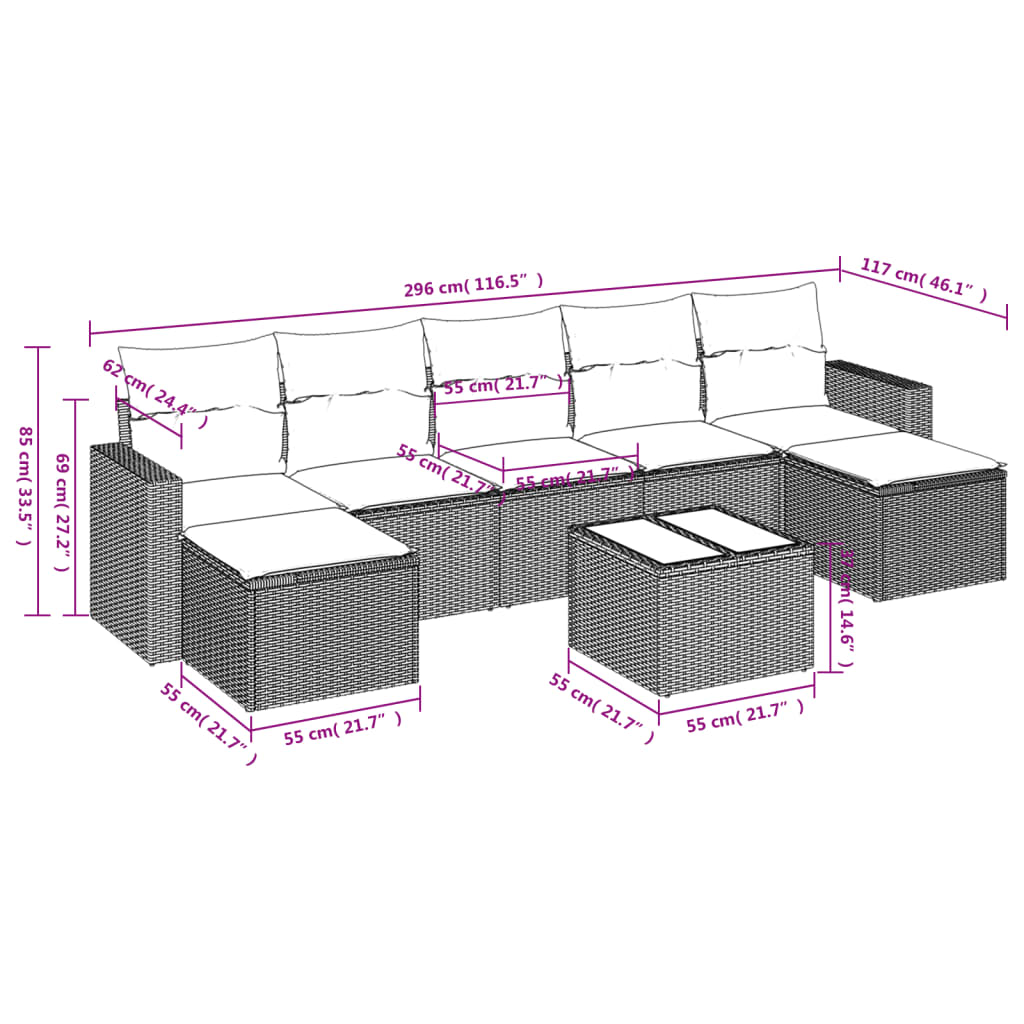 8 pcs conjunto sofás de jardim c/ almofadões vime PE castanho