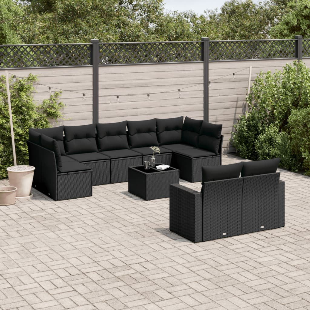 10 pcs conjunto sofás de jardim c/ almofadões vime PE preto