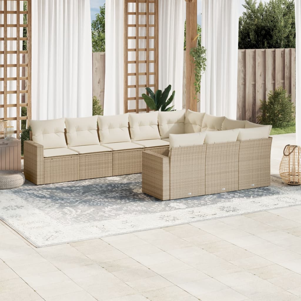 10 pcs conjunto de sofás p/ jardim com almofadões vime PE bege