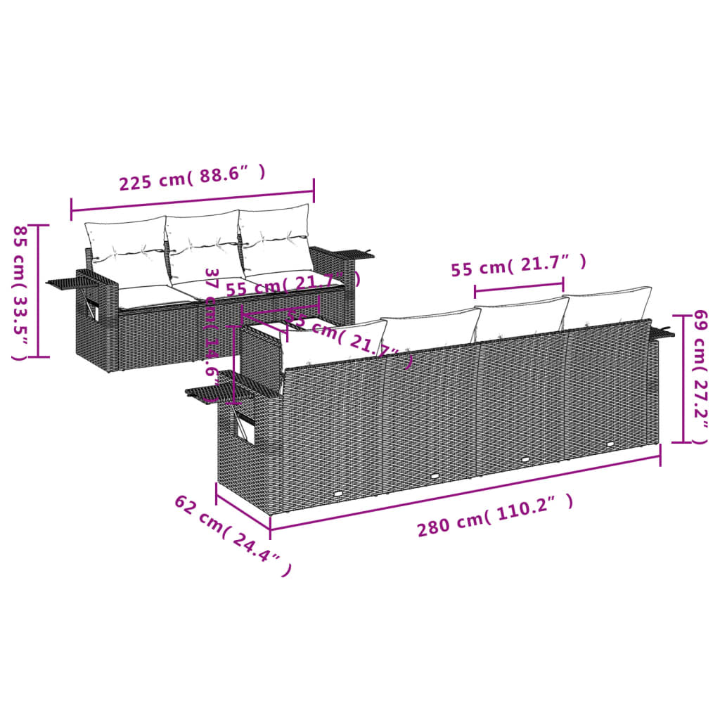8 pcs conjunto sofás de jardim c/ almofadões vime PE castanho