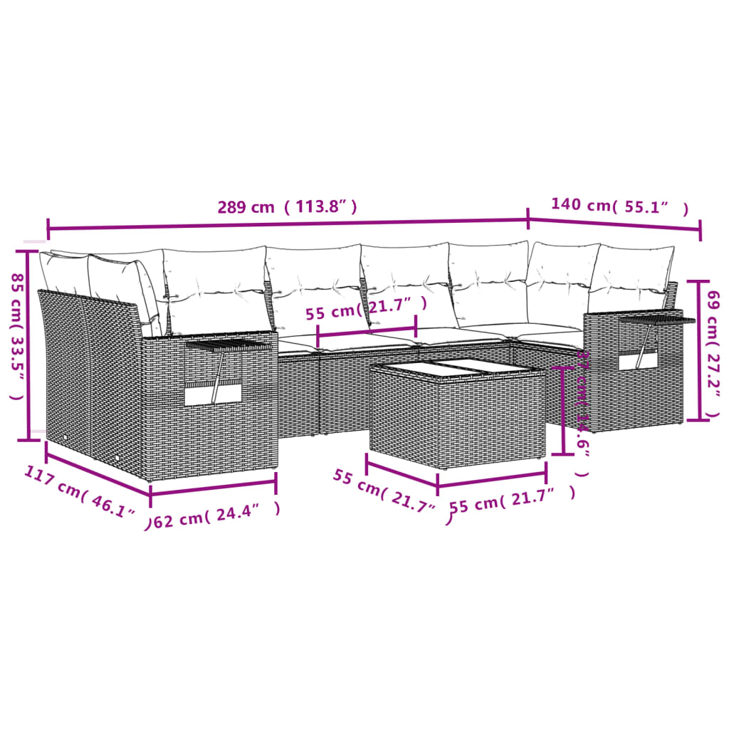 8 pcs conjunto sofás de jardim c/ almofadões vime PE castanho