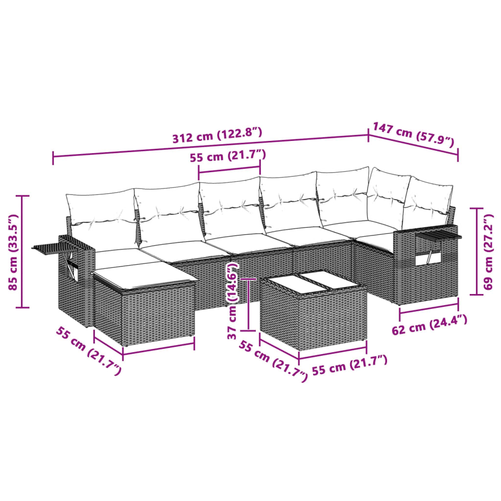 8 pcs conj. sofás jardim c/ almofadões vime PE cinzento-claro