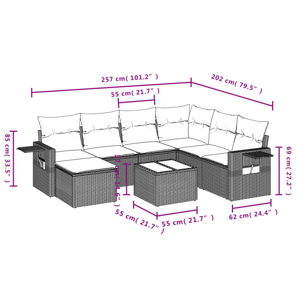 8 pcs conjunto sofás de jardim c/ almofadões vime PE castanho