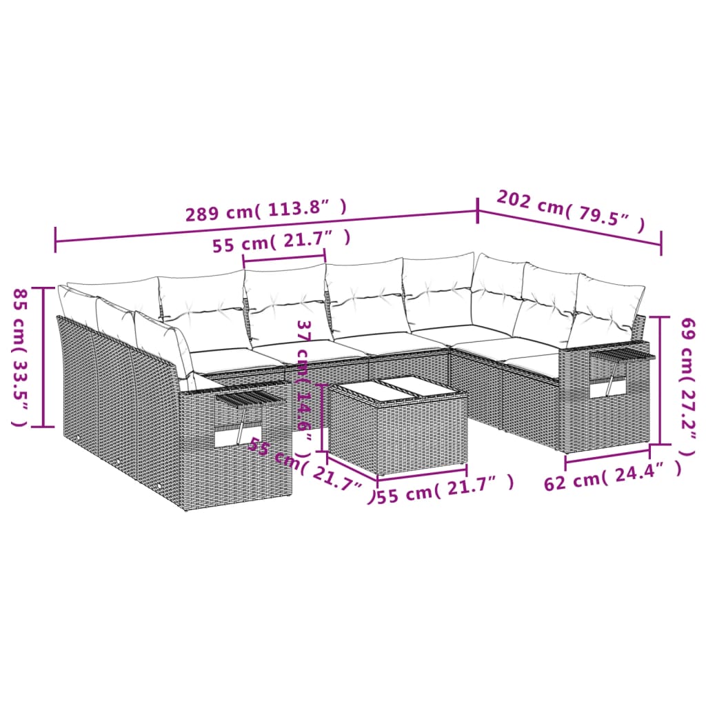 10 pcs conj. sofás jardim com almofadões vime PE cinzento-claro