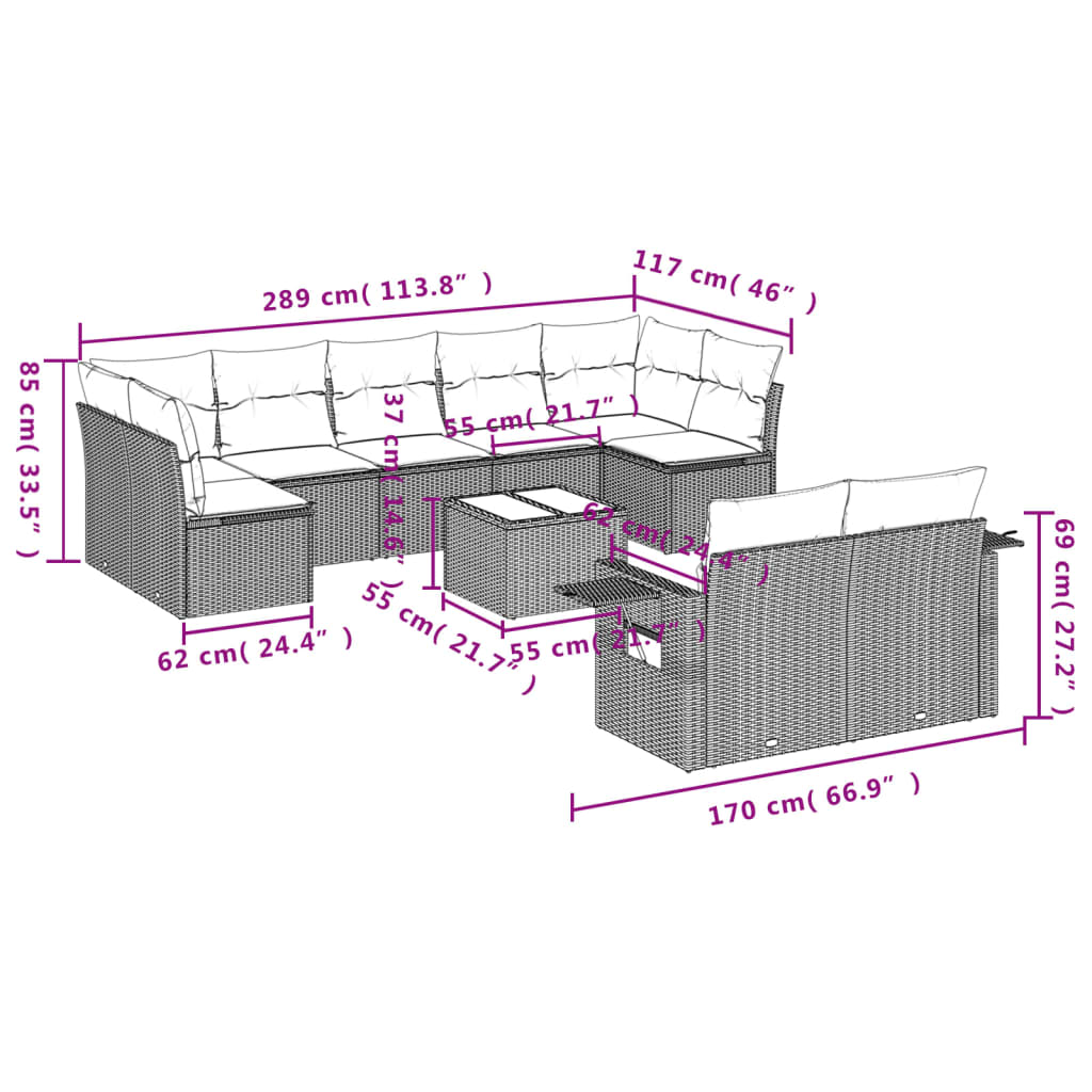 10 pcs conjunto de sofás p/ jardim com almofadões vime PE bege