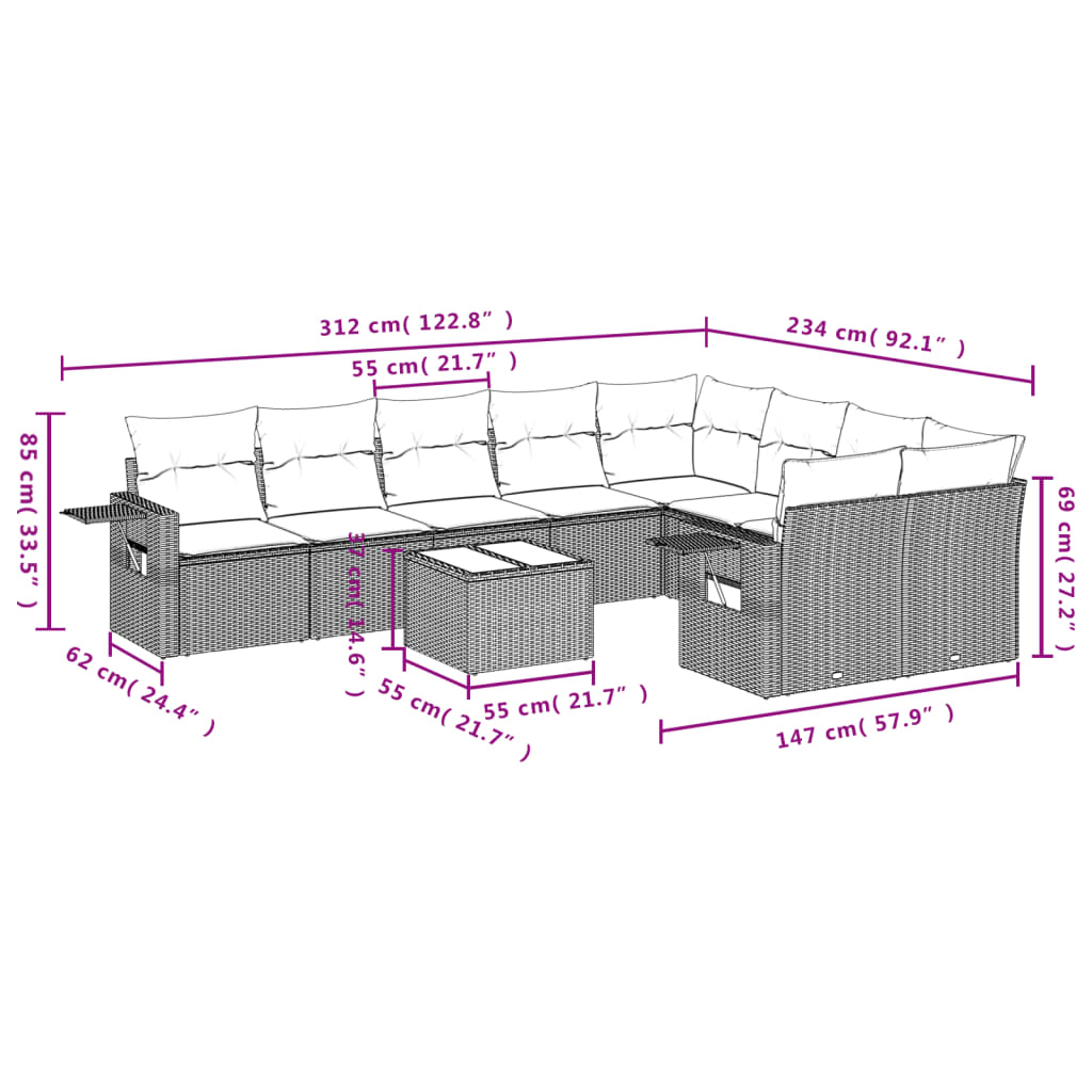 10 pcs conjunto de sofás p/ jardim com almofadões vime PE bege