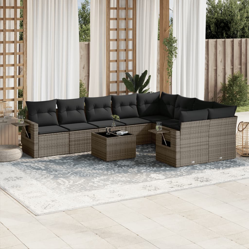 10 pcs conjunto sofás de jardim c/ almofadões vime PE cinzento