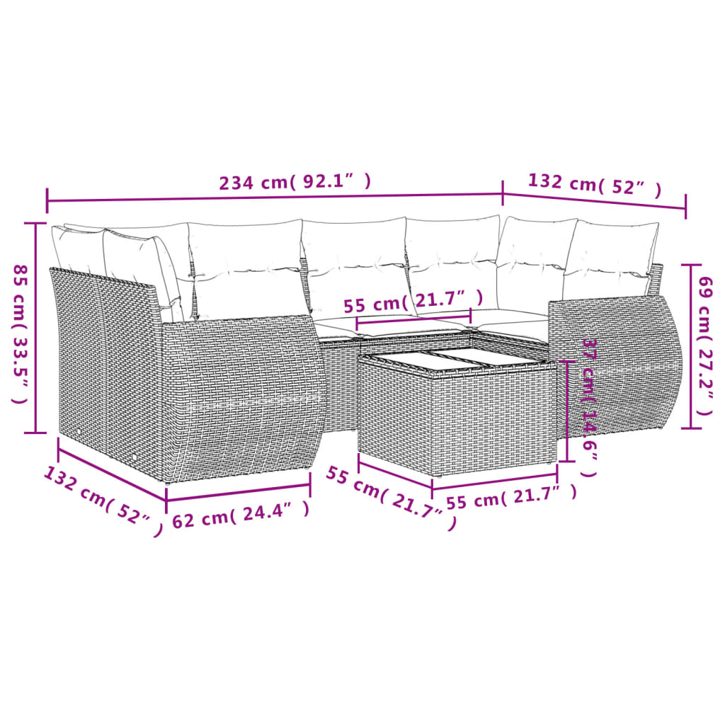7 pcs conjunto de sofás p/ jardim com almofadões vime PE bege