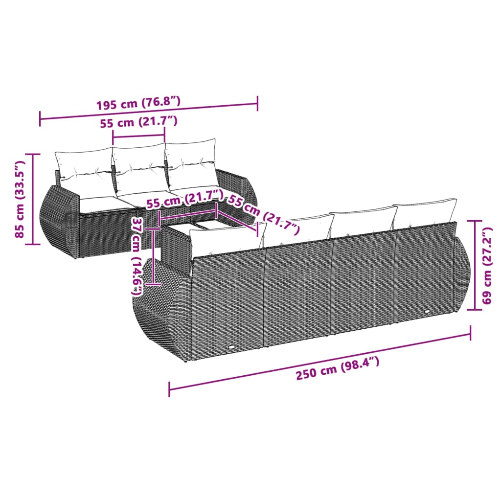 8 pcs conj. sofás jardim c/ almofadões vime PE cinzento-claro