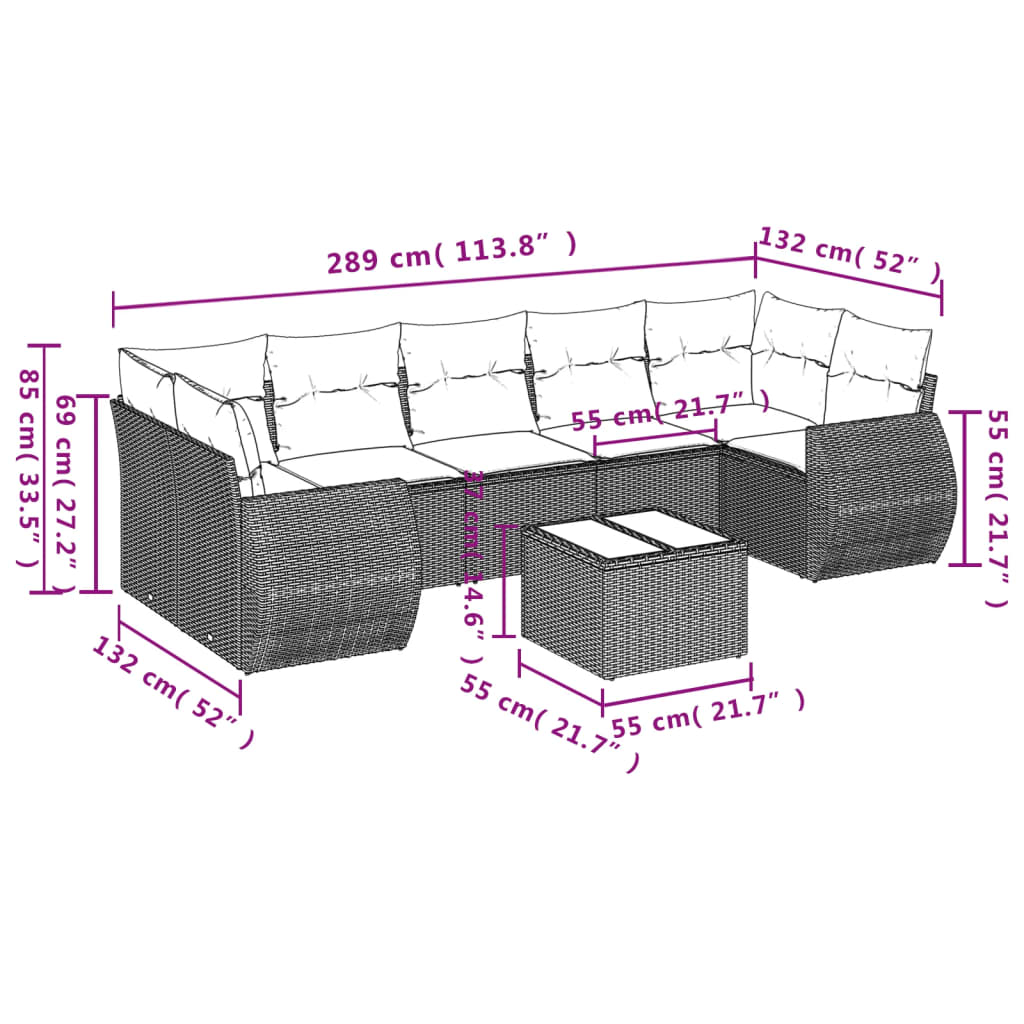 8 pcs conjunto sofás de jardim c/ almofadões vime PE castanho
