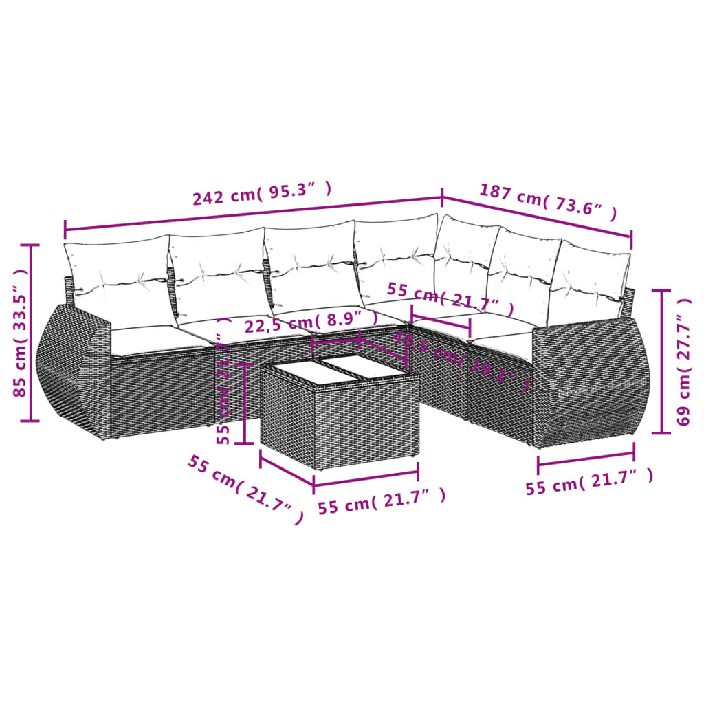 7 pcs conjunto de sofás p/ jardim com almofadões vime PE bege