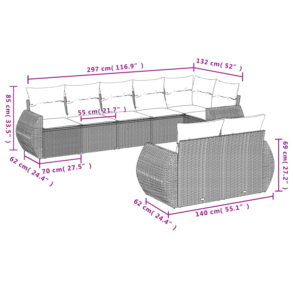 8 pcs conjunto sofás de jardim c/ almofadões vime PE castanho