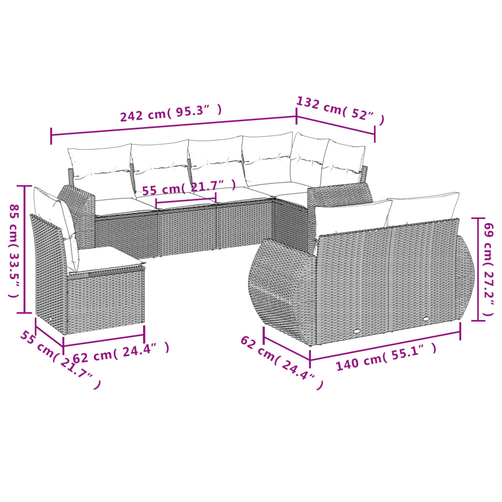 8 pcs conjunto sofás de jardim c/ almofadões vime PE castanho