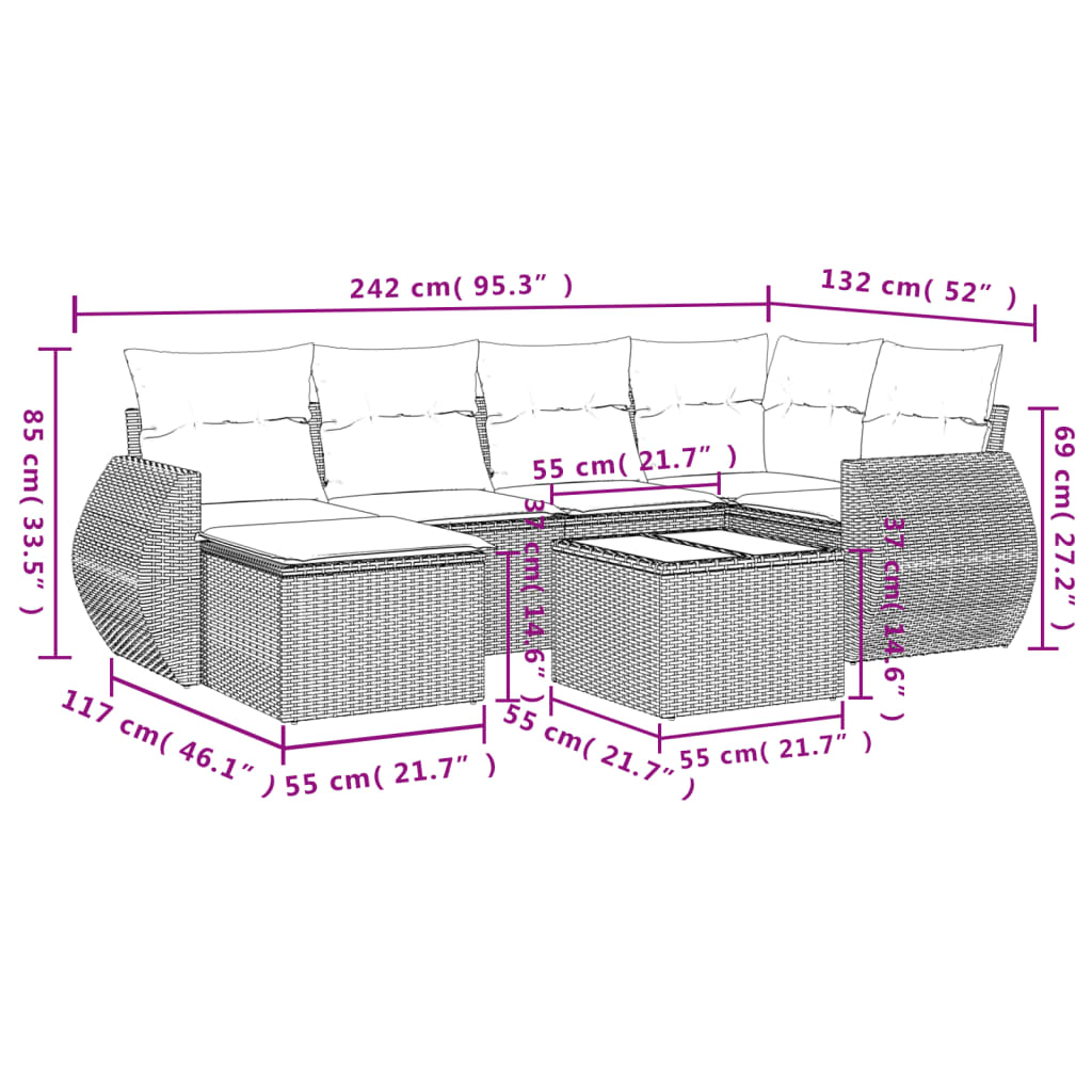 7 pcs conjunto de sofás p/ jardim com almofadões vime PE bege