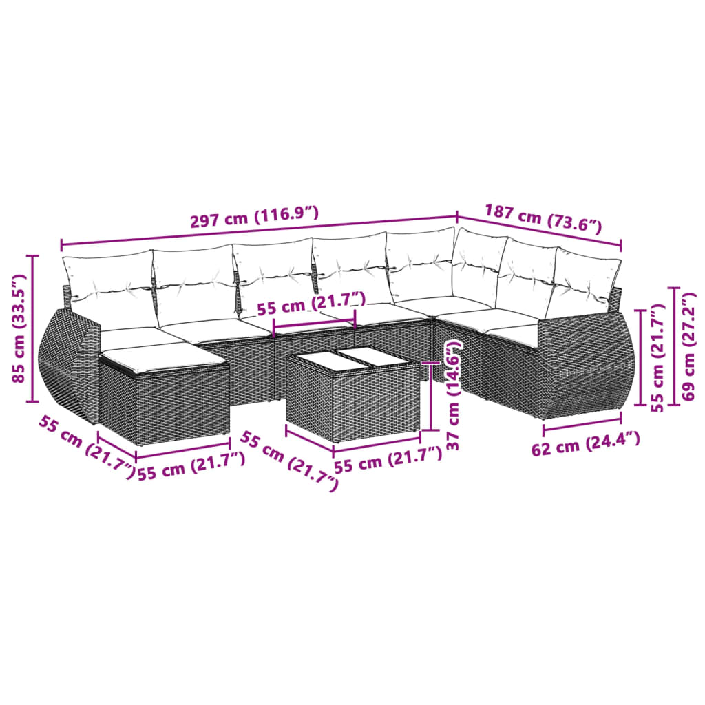 8 pcs conj. sofás jardim c/ almofadões vime PE cinzento-claro