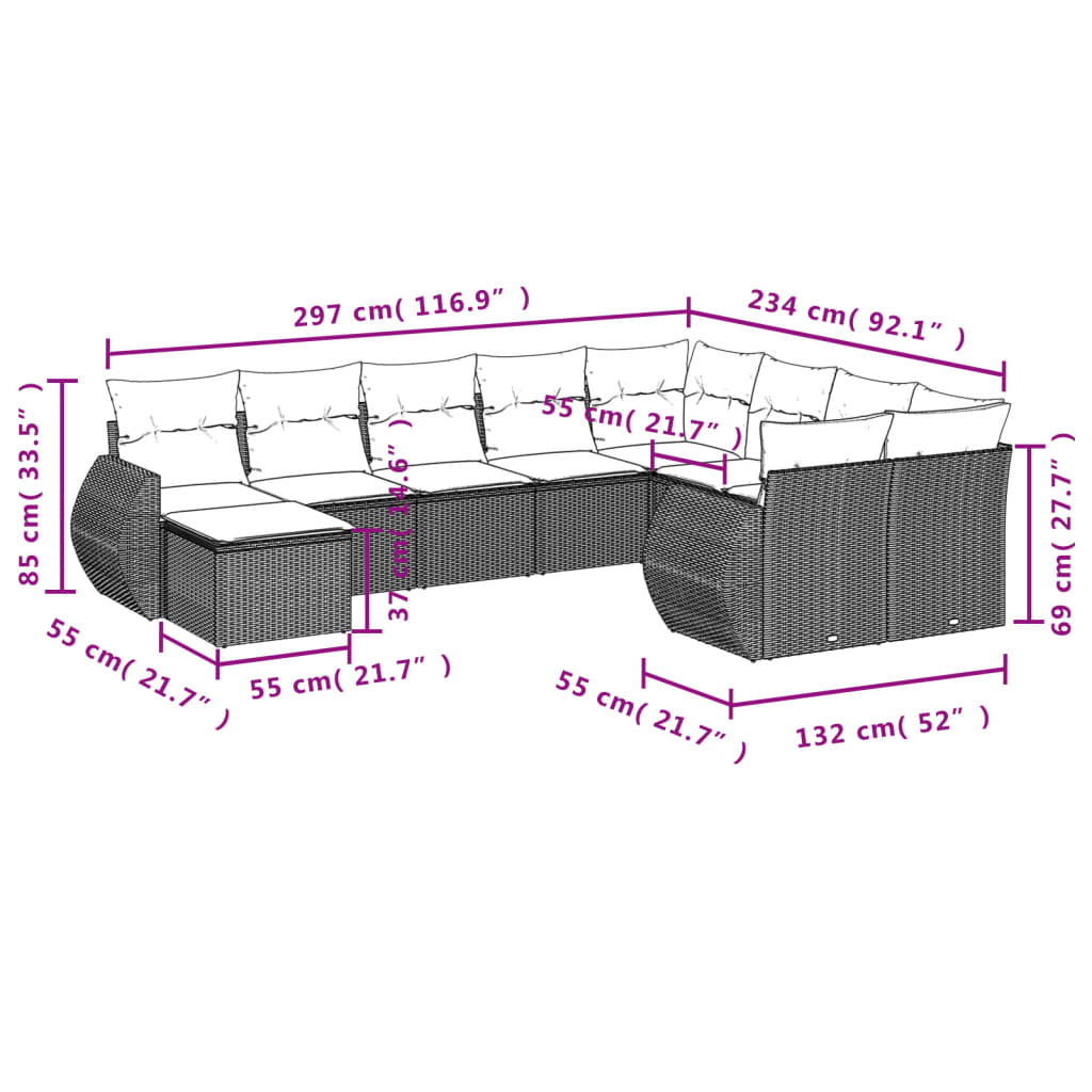 10 pcs conjunto sofás de jardim c/ almofadões vime PE cinzento