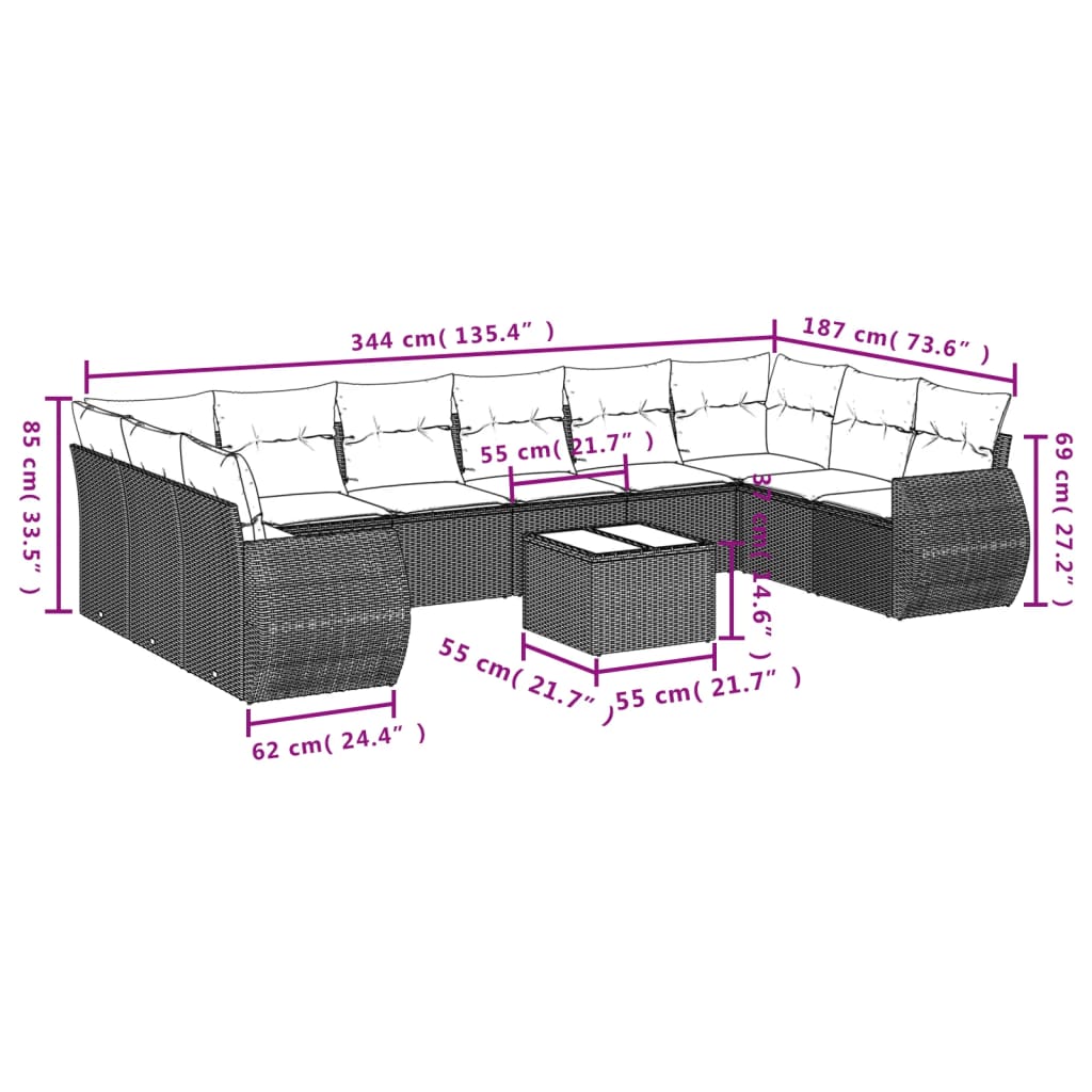 10 pcs conjunto de sofás p/ jardim com almofadões vime PE bege