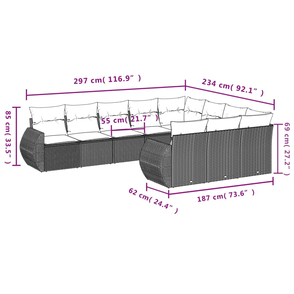 10 pcs conjunto de sofás p/ jardim com almofadões vime PE bege