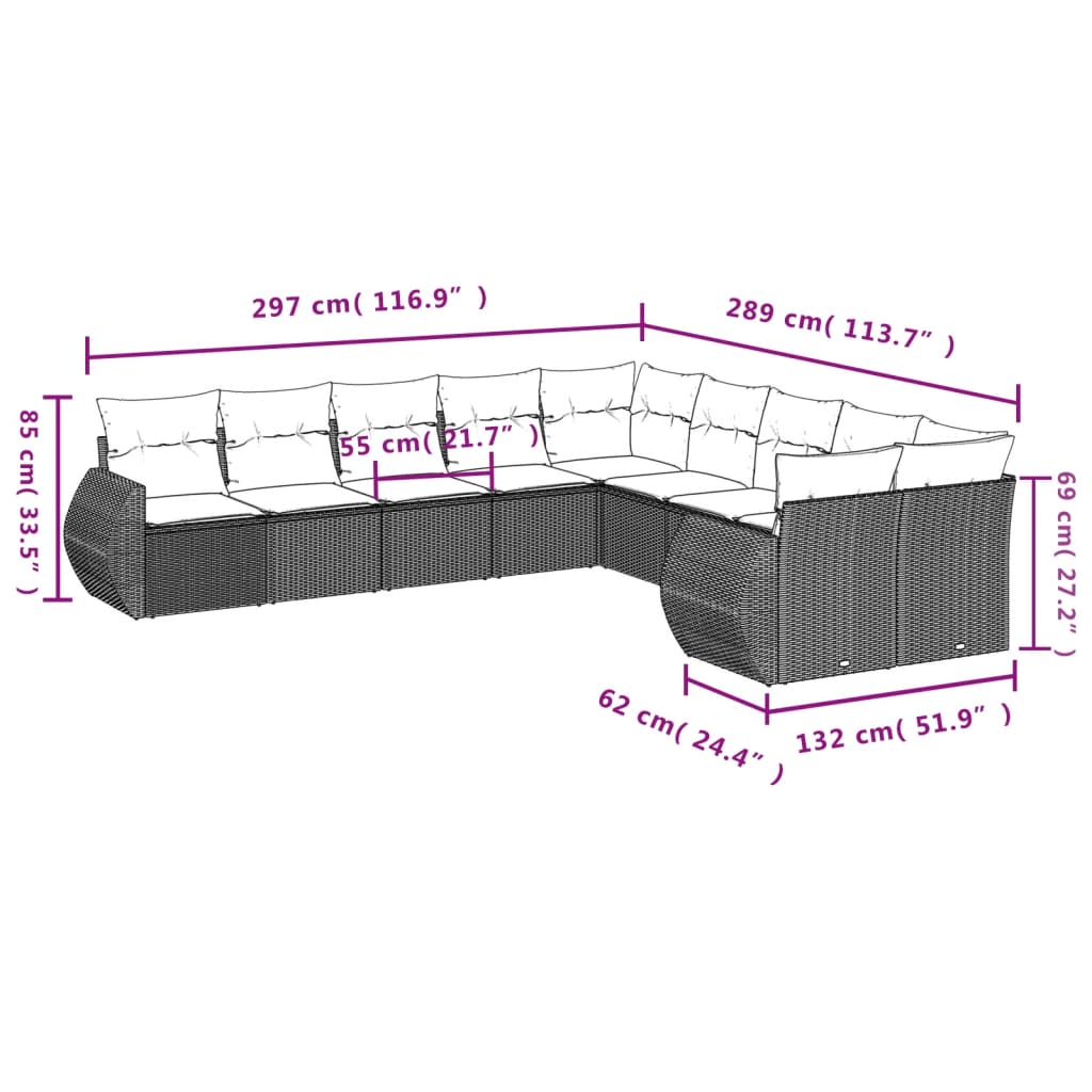 10 pcs conjunto de sofás p/ jardim com almofadões vime PE bege