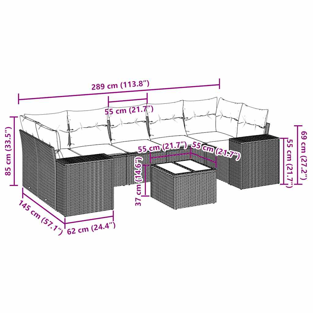 8 pcs conj. sofás jardim c/ almofadões vime PE cinzento-claro