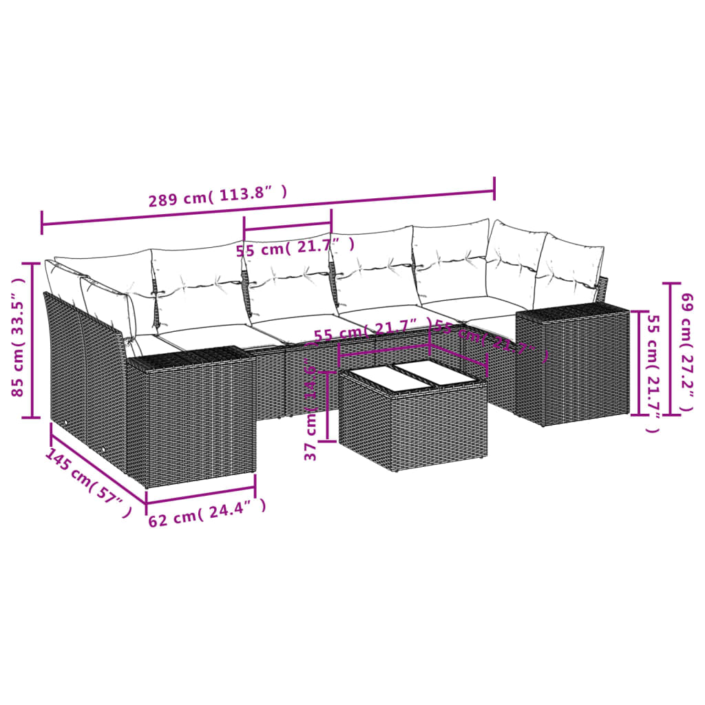 8 pcs conjunto sofás de jardim c/ almofadões vime PE castanho