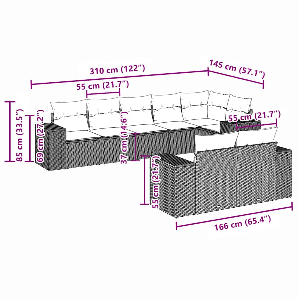 8 pcs conj. sofás jardim c/ almofadões vime PE cinzento-claro