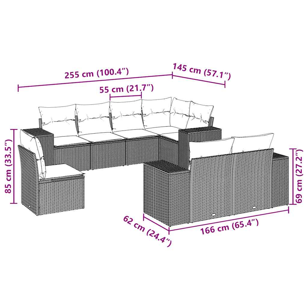 8 pcs conj. sofás jardim c/ almofadões vime PE cinzento-claro