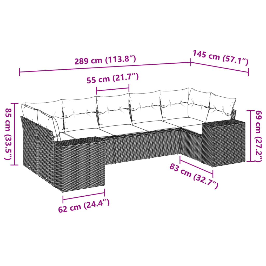 7 pcs conjunto de sofás p/ jardim com almofadões vime PE bege