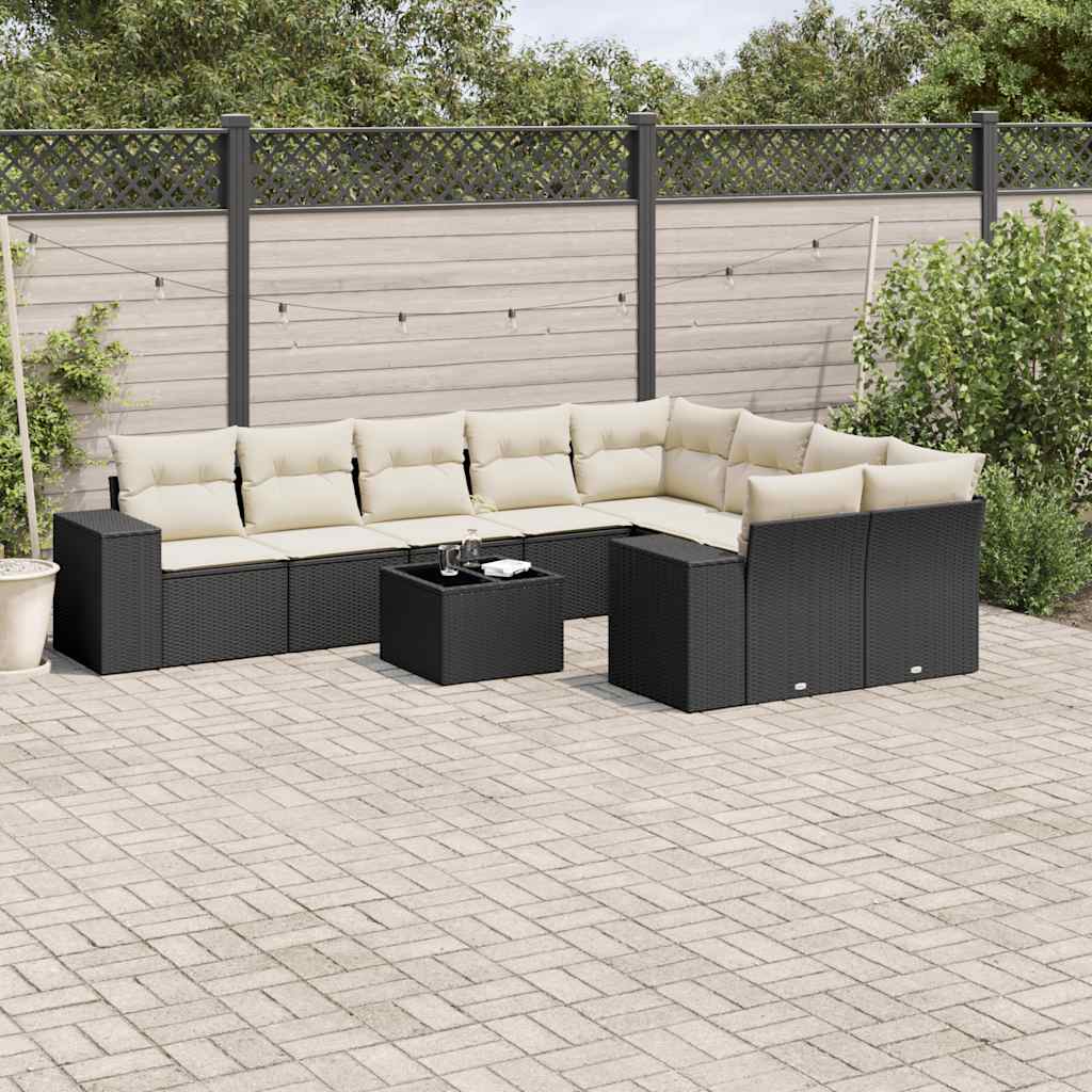 10 pcs conjunto sofás de jardim c/ almofadões vime PE preto