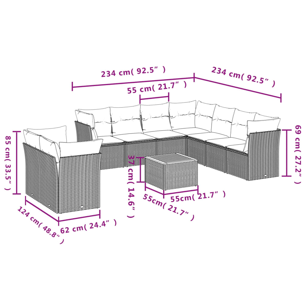10 pcs conjunto sofás de jardim c/ almofadões vime PE cinzento