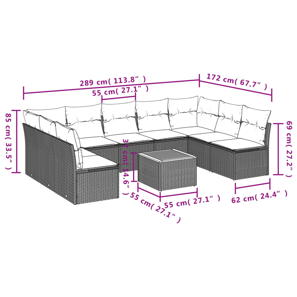 10 pcs conjunto de sofás p/ jardim com almofadões vime PE bege