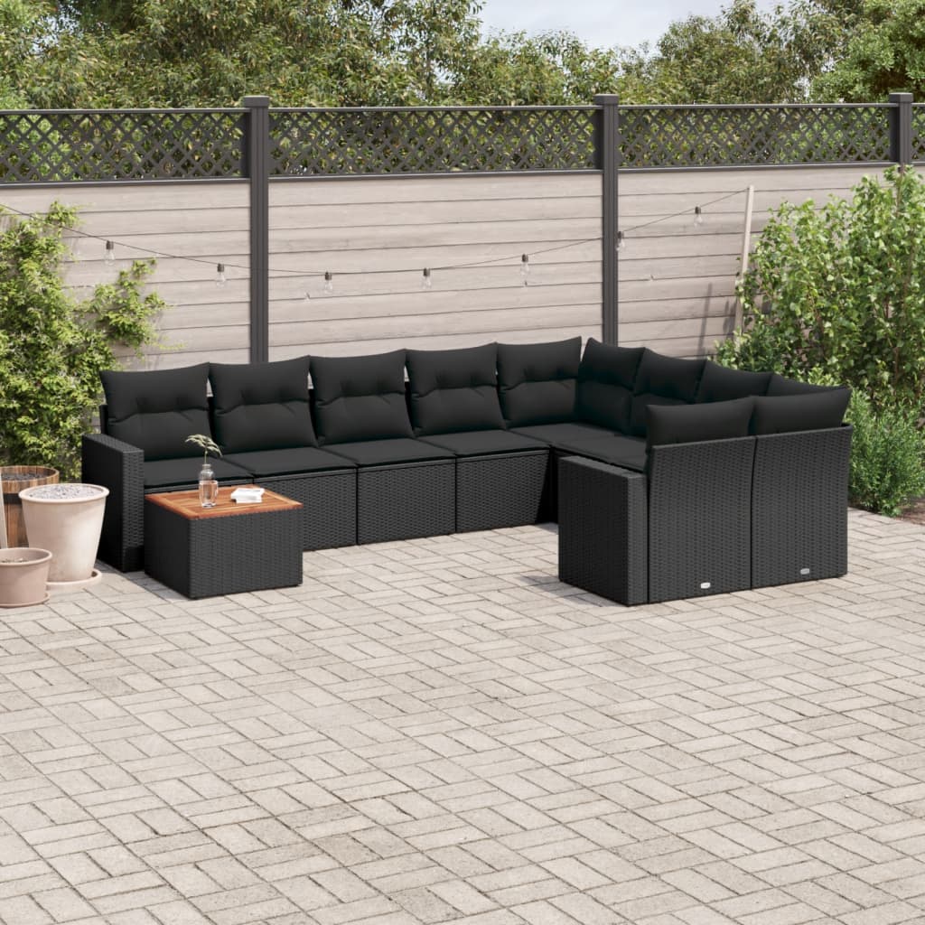 10 pcs conjunto sofás de jardim c/ almofadões vime PE preto