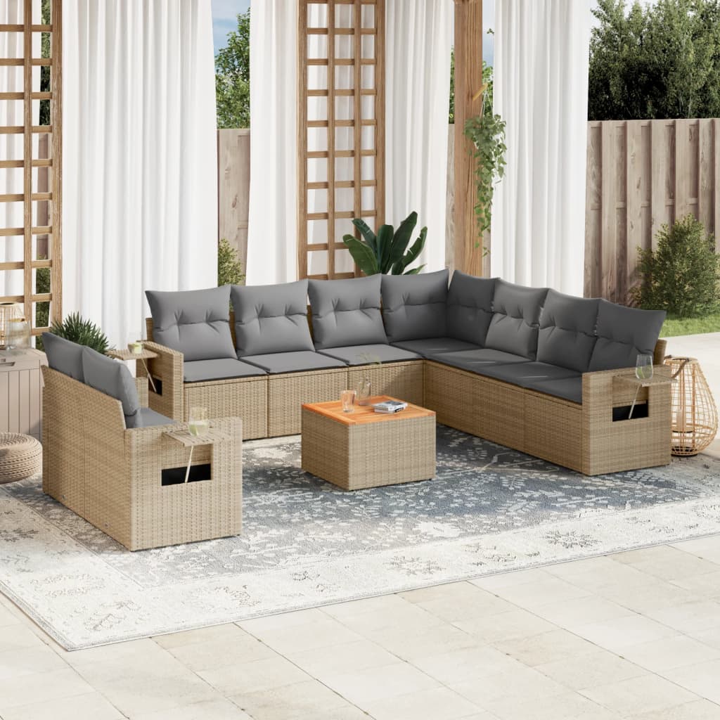 10 pcs conj. sofás jardim c/ almofadões vime PE bege misturado
