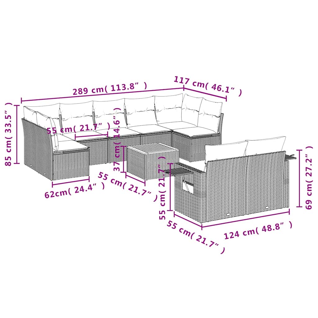 10 pcs conjunto sofás de jardim c/ almofadões vime PE cinzento