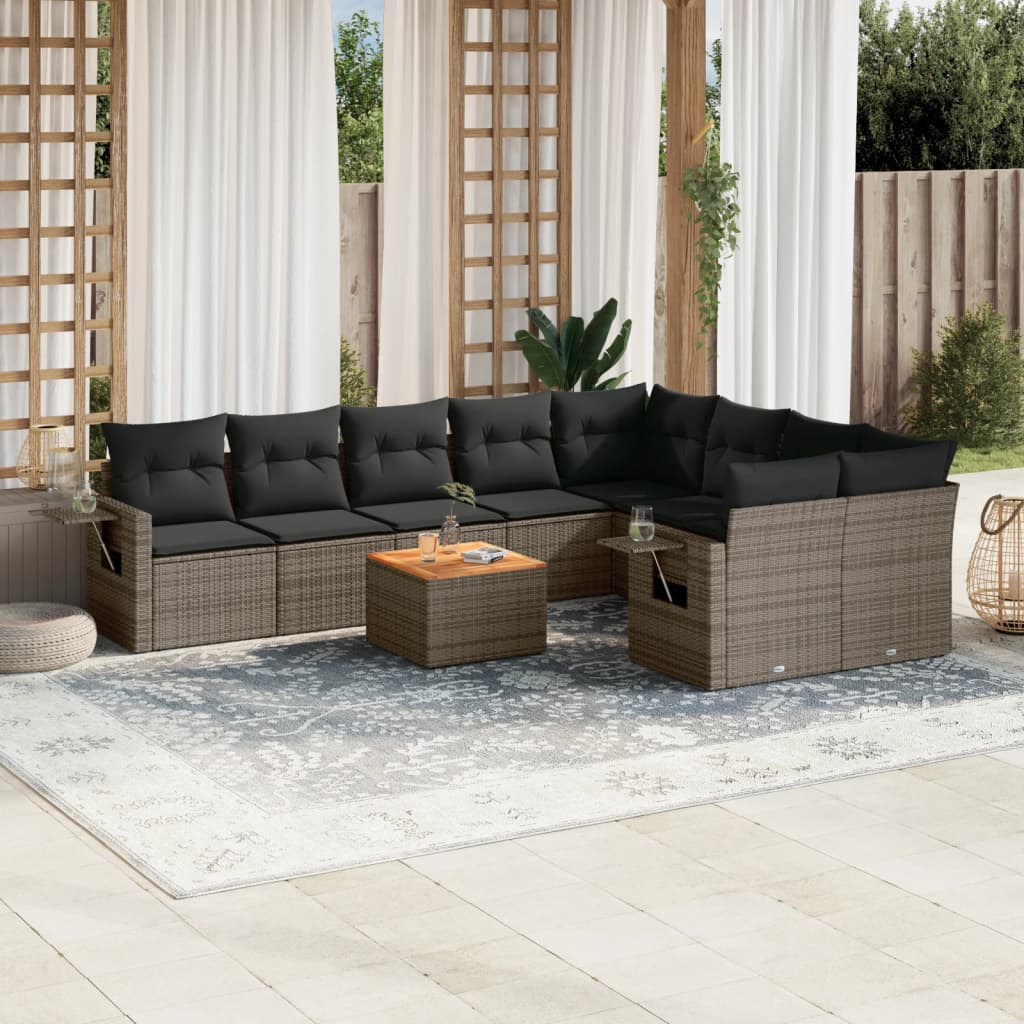 10 pcs conjunto sofás de jardim c/ almofadões vime PE cinzento