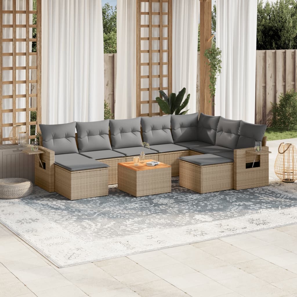 10 pcs conj. sofás jardim c/ almofadões vime PE bege misturado