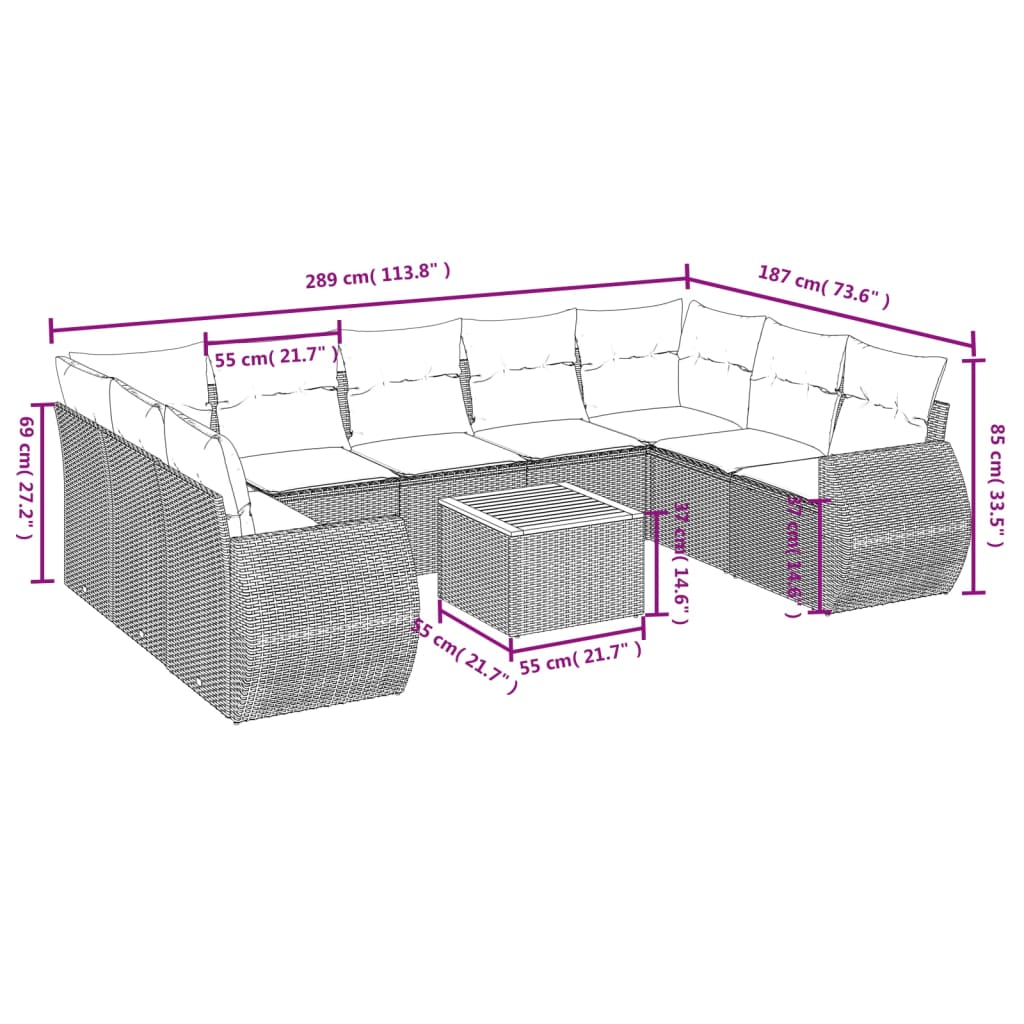 10 pcs conjunto de sofás p/ jardim com almofadões vime PE bege
