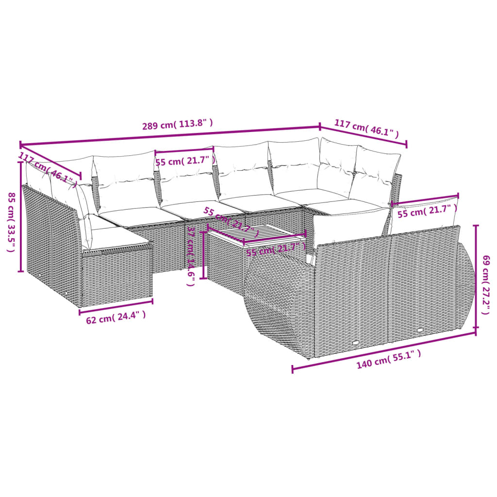 10 pcs conjunto de sofás p/ jardim com almofadões vime PE bege