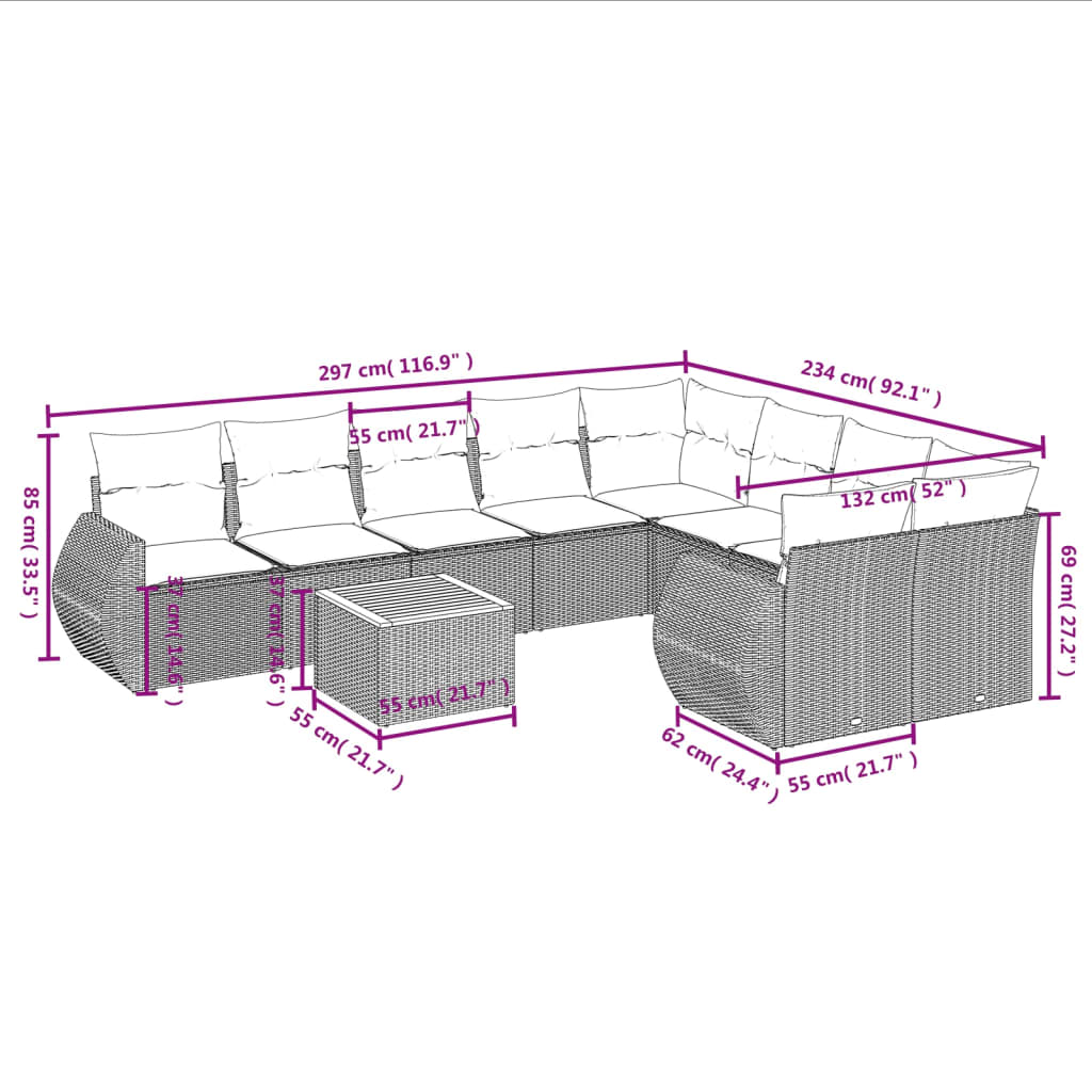 10 pcs conjunto de sofás p/ jardim com almofadões vime PE bege