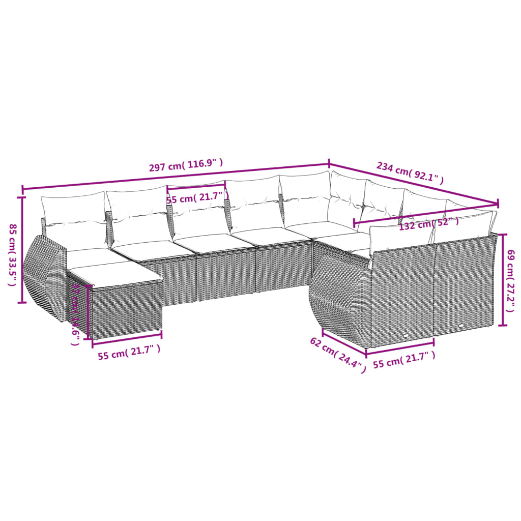10 pcs conjunto de sofás p/ jardim com almofadões vime PE bege
