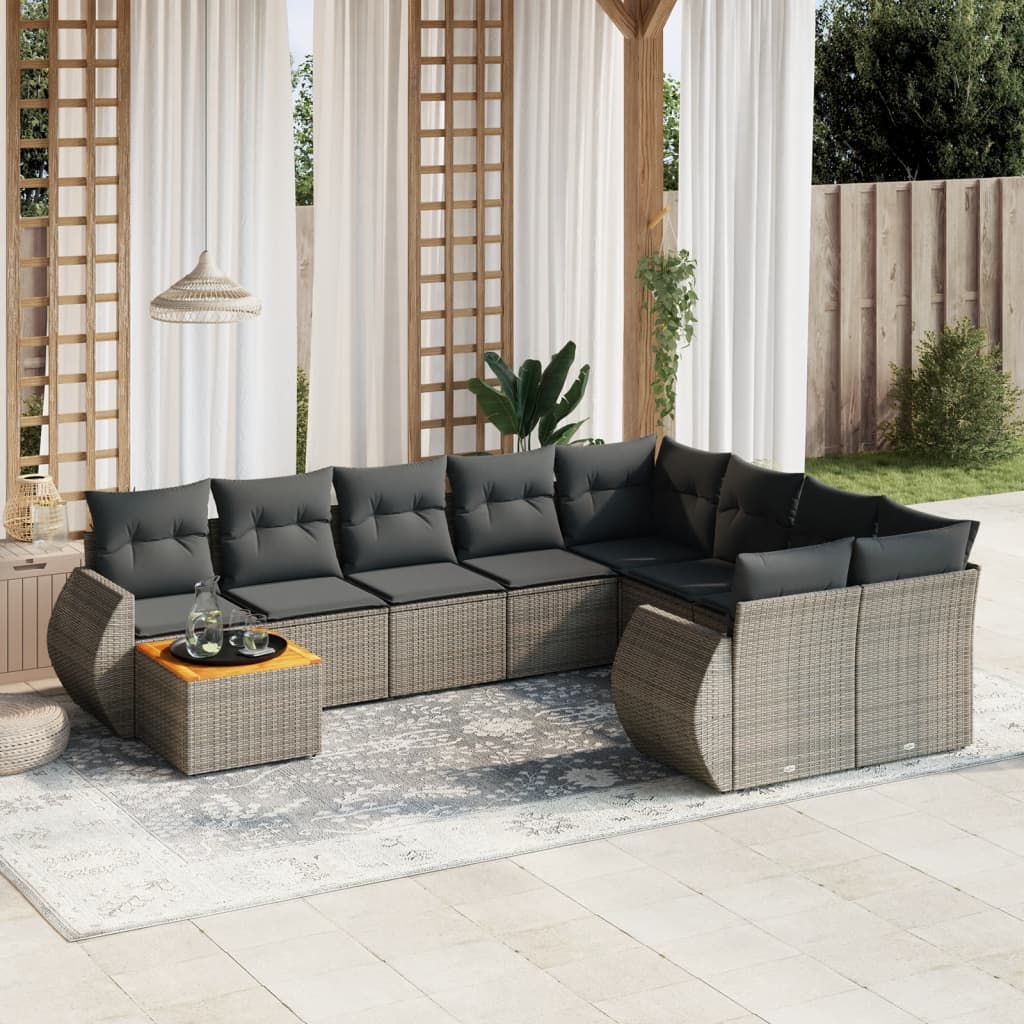 10 pcs conjunto sofás de jardim c/ almofadões vime PE cinzento