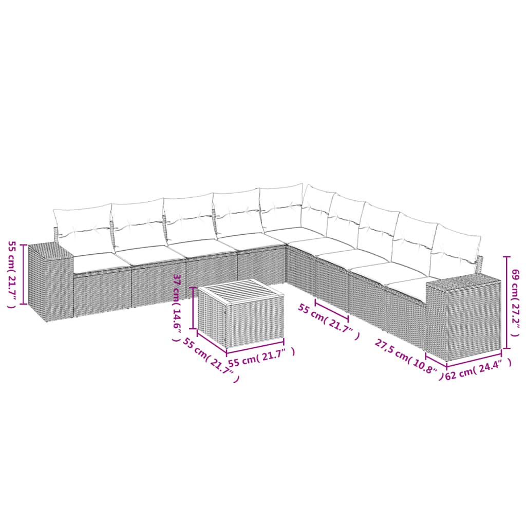 10 pcs conjunto de sofás p/ jardim com almofadões vime PE bege