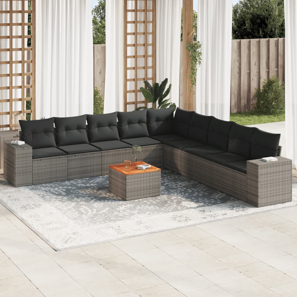 10 pcs conjunto sofás de jardim c/ almofadões vime PE cinzento