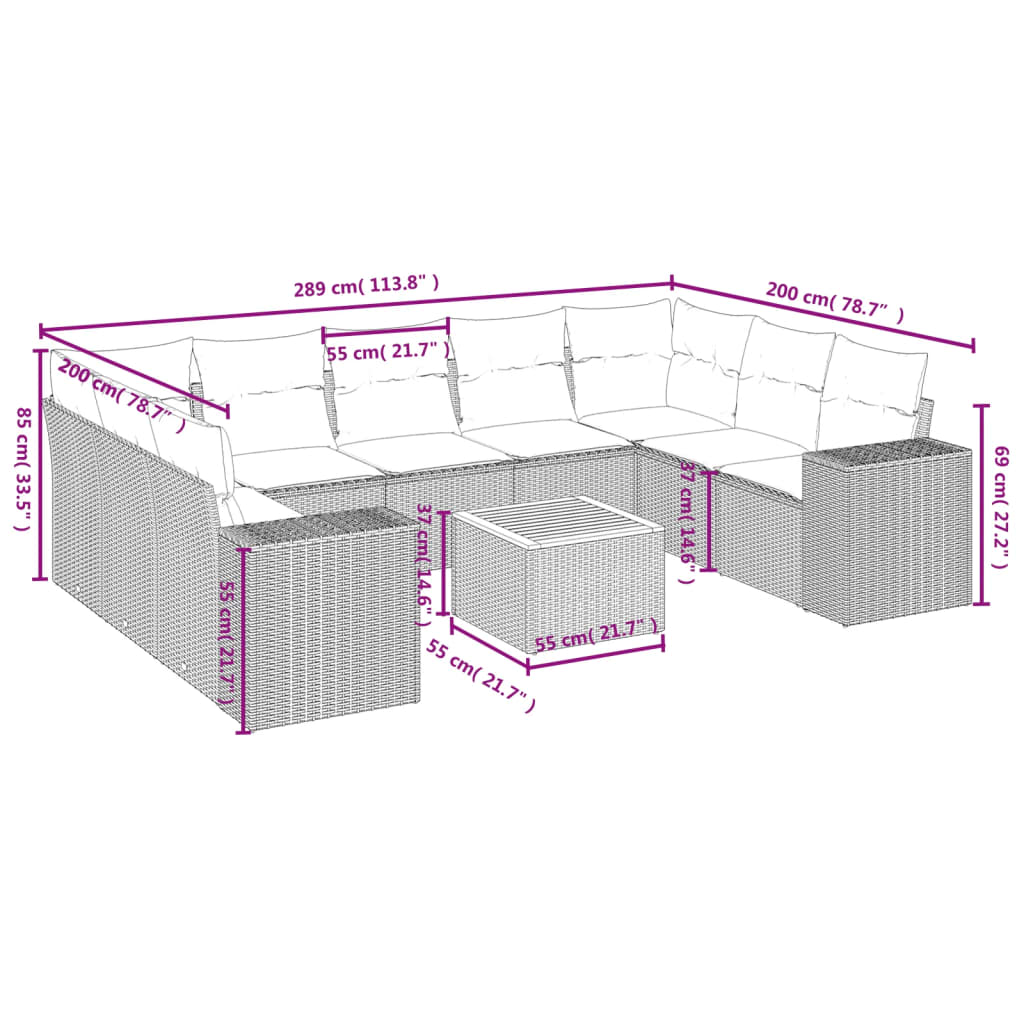 10 pcs conjunto de sofás p/ jardim com almofadões vime PE bege